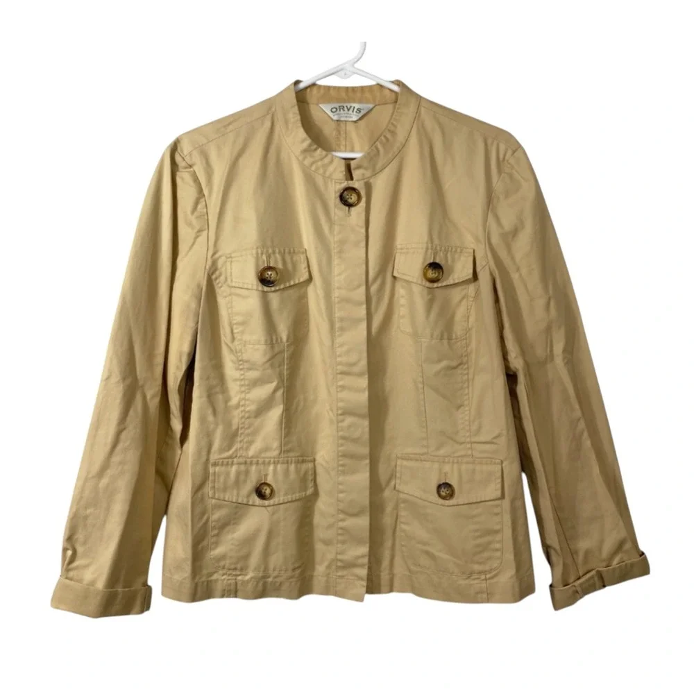 ORVIS Beige Cotton UTILITY JACKET No Collar 4-Pockets Unlined GORPCORE sz 12